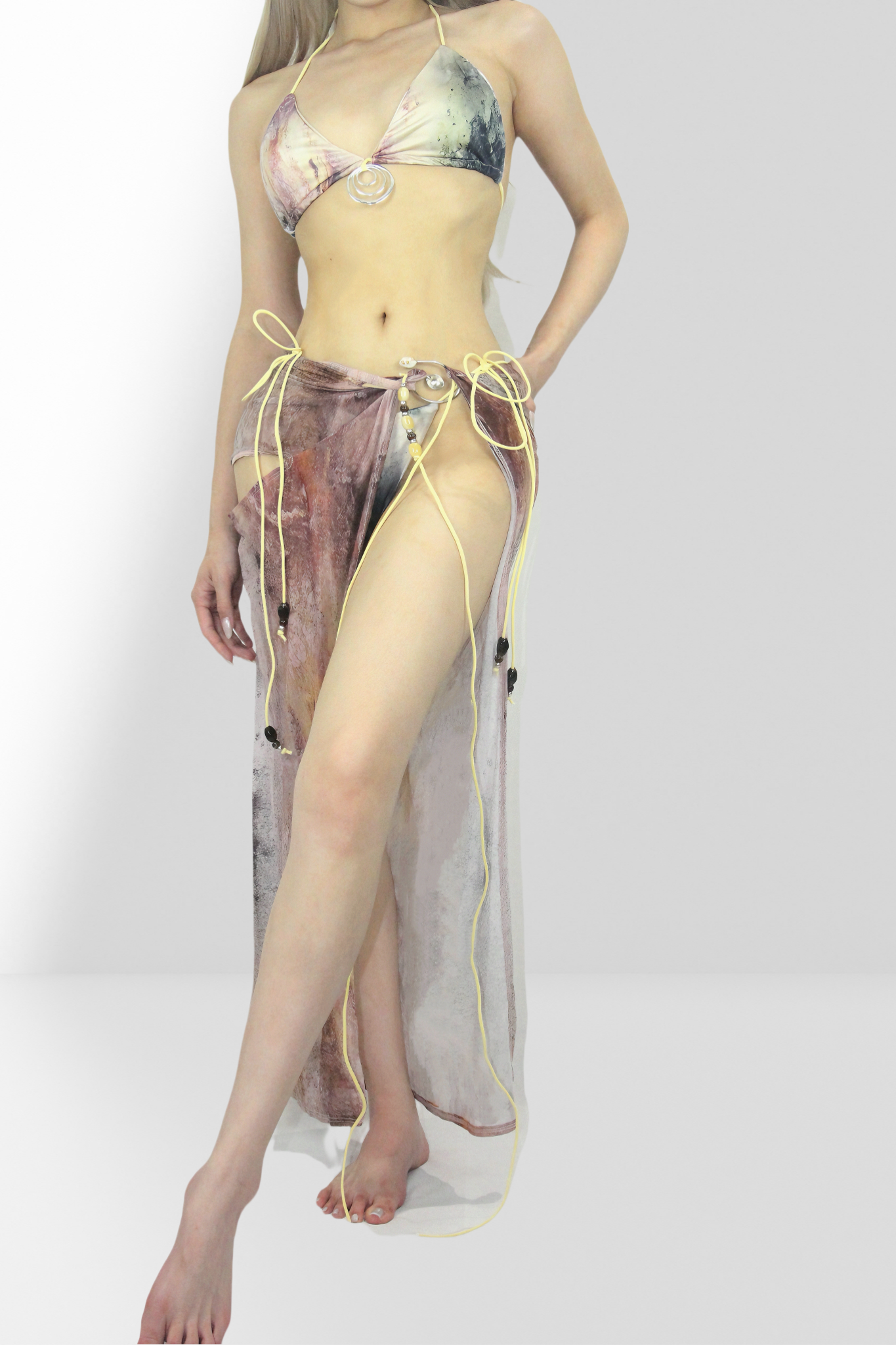 AuraNest Moonlit Mirage Bikini Set - Elegant Abstract Print Triangle Top & Adjustable Tie-Side Bottoms for Poolside & Beach Wear