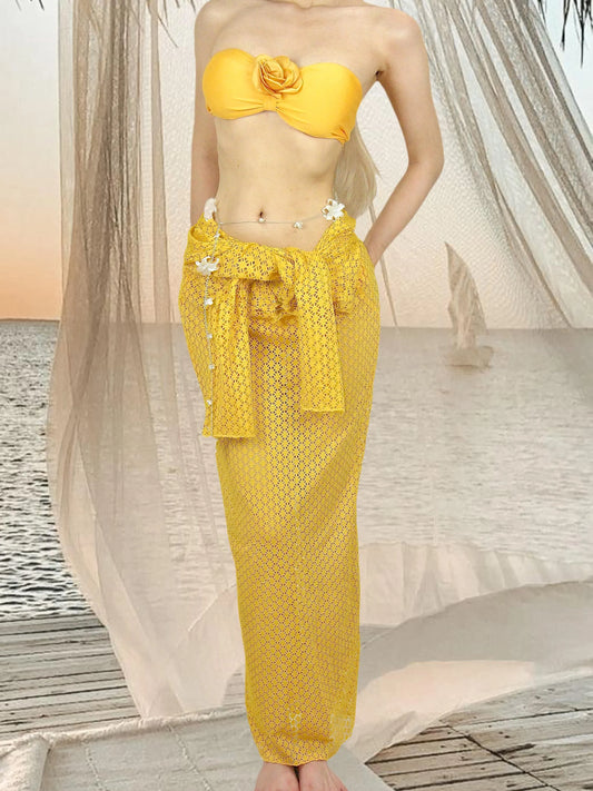 Yellow 3-piece Floral Bikini with hand-knitted cover up dress, Holiday outfit, Beach Wear, Swimsuit, Boho Beach Outfit ,Vacation, Chic.