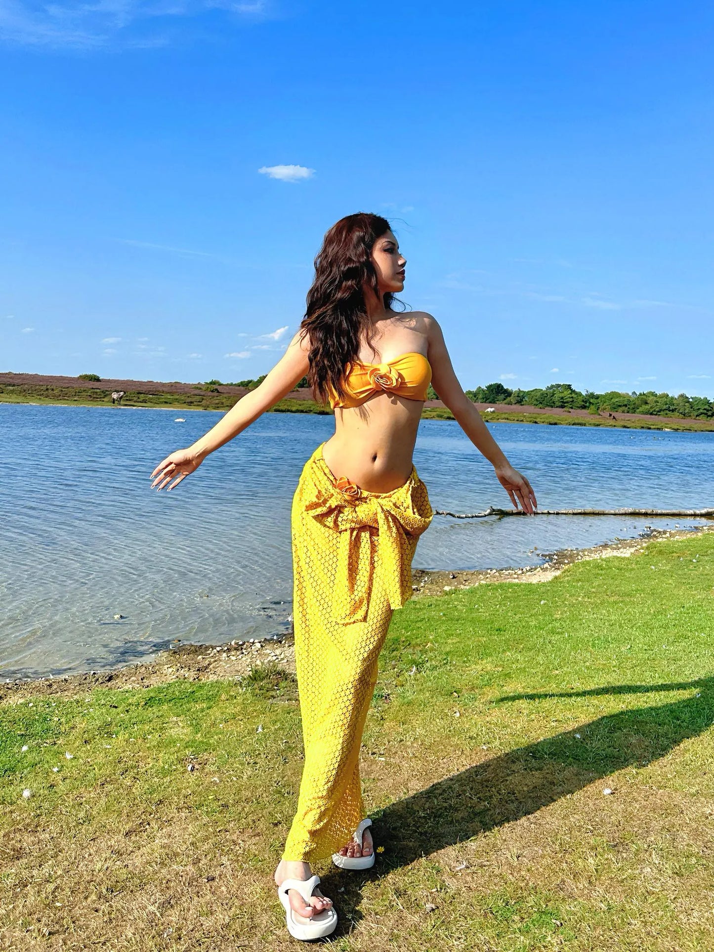 Yellow 3-piece Floral Bikini with hand-knitted cover up dress, Holiday outfit, Beach Wear, Swimsuit, Boho Beach Outfit ,Vacation, Chic.